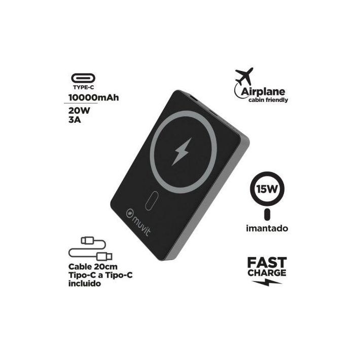 Muvit For Change MCCHP0010 Power Bank 10000mAh 20W Wireless Negra con Cable USB Tipo-C 2