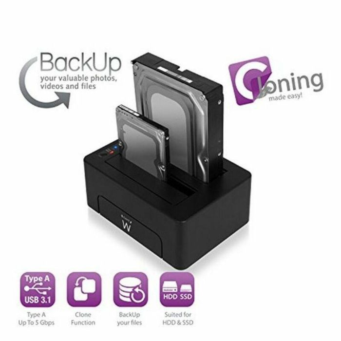 Dock Station Dual Ewent AAACET0186 Dual 2.5"-3.5" USB 3.1 ABS Negro 1