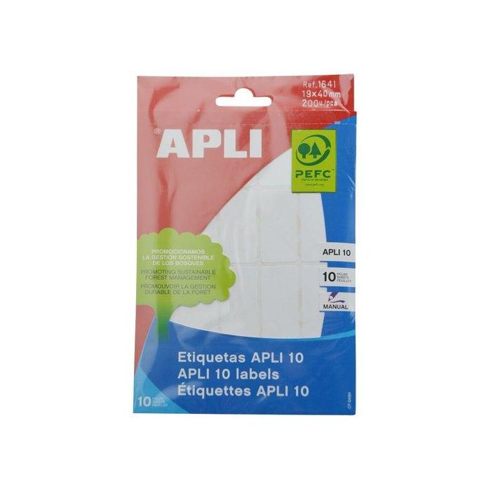 Apli Etiquetas Adhesivas Blancas 19x40 mm, Escritura Manual, Pack 10 Hojas (200 Etiquetas), Adhesivo Permanente