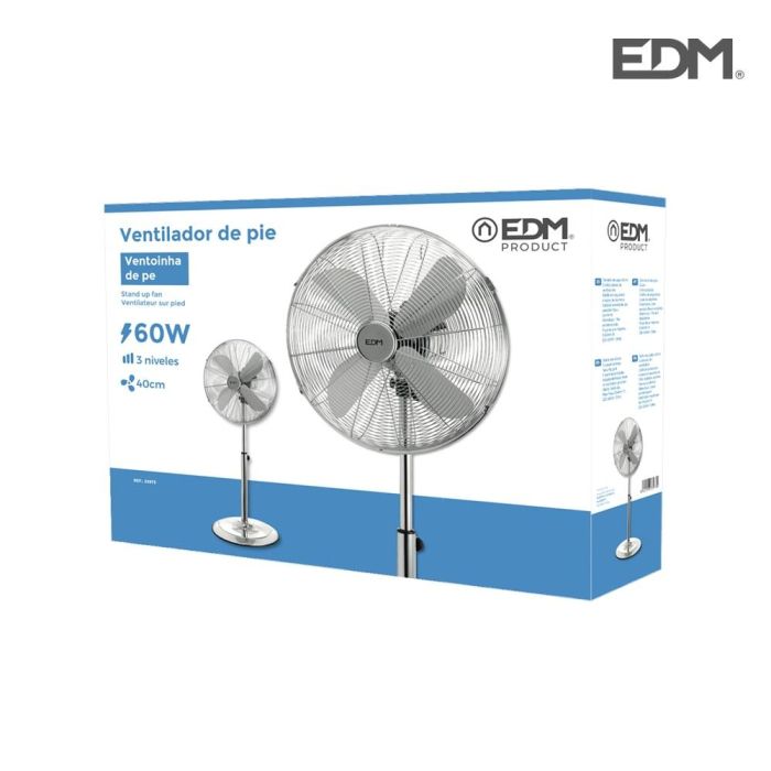 Edm Ventilador de Pie Cromado, 60 W, Aspas Ø40 cm, Altura Regulable 90-116 cm, 3 Velocidades, 4 Palas, Caudal Aire 3540 m³/h 2 Edm Ventilador de Pie Cromado, 60 W, Aspas Ø40 cm, Altura Regulable 90-116 cm, 3 Velocidades, 4 Palas, Caudal Aire 3540 m³/h 2