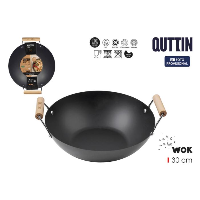 Sartén Wok Inde 30 cm con 2 asas de madera (6 Unidades) Sartén Wok Inde 30 cm con 2 asas de madera (6 Unidades)