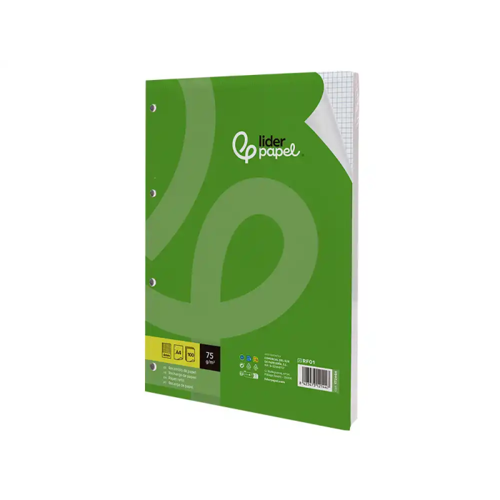 Liderpapel Recambio A4 100 Hojas 75gr Cuadro 4mm Con Margen 4 Taladros 3