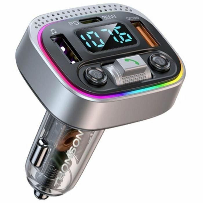 Thomson THO3513767430012 Transmisor FM Bluetooth 5.4 para Coche 12/24V con Carga Rápida QC3.0 + PD30W y LED Azul