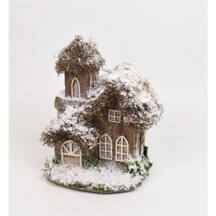 DKD Home Decor Casa Navidad Alpina de Porexpan y Corteza, Decoración Natural, Blanco y Verde, 13x22x16 cm, Pack de 2 Unidades