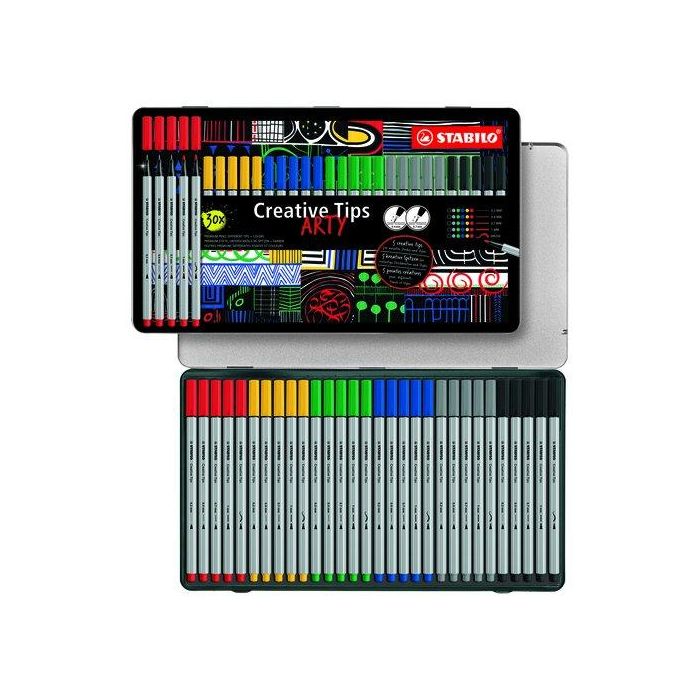 Stabilo Creative Tips Rotulador Punta Calibrada, Estuche Metálico Arty con 30 Rotuladores y 5 Puntas por Color