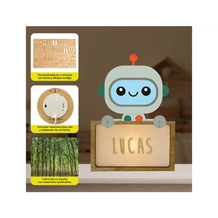 Wondee Lampara Robbot Bebe Madera Personalizable con Nombre - Luz Nocturna Infantil con USB-C y Pilas, Incluye Kit Letras (170x50x125 mm) 1