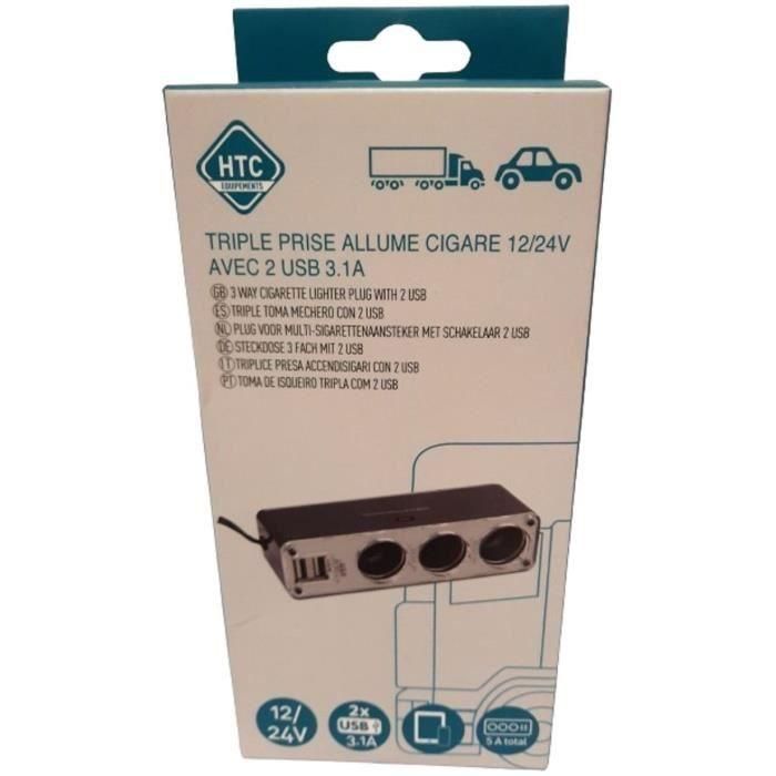 Toma mechero triple 12/24V - HTC EQUIPMENT - Con dos USB 3.1A Total 1 Toma mechero triple 12/24V - HTC EQUIPMENT - Con dos USB 3.1A Total 1