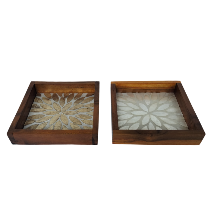 DKD Home Decor Bandeja Vaciabolsillos Balines de Teca y Capiz, Colores Surtidos (Beige, Blanco, Natural, Dorado), 15x15x3 cm (Pack 4 Unidades)