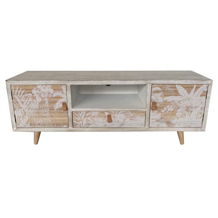 DKD Home Decor Mueble TV Tropical Decapé Madera y Bambú Blanco Colección Whitepalm con Palmeras 140x40x51 cm, 1 Cajón y 2 Puertas