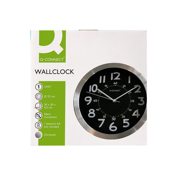 Reloj Q-Connect De Pared Metalico Redondo 25 cm Movimiento Silencioso Color Negro Con Esfera Cromado 7