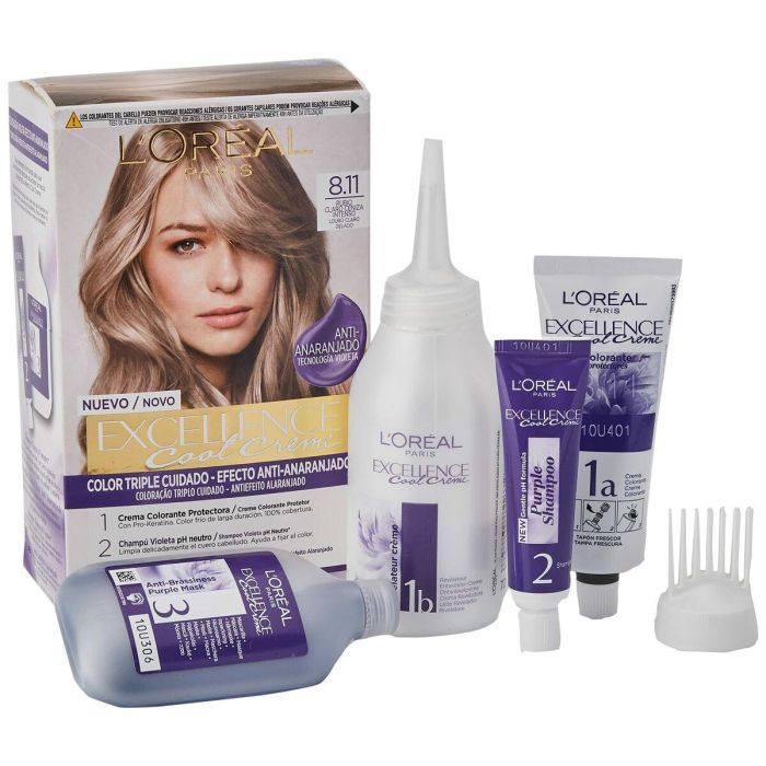 L'Oréal Paris EXCELLENCE COOL Tinte #8,11 Rubio Claro Ceniza, Antinaranjas, Cobertura Canas 192 ml L'Oréal Paris EXCELLENCE COOL Tinte #8,11 Rubio Claro Ceniza, Antinaranjas, Cobertura Canas 192 ml