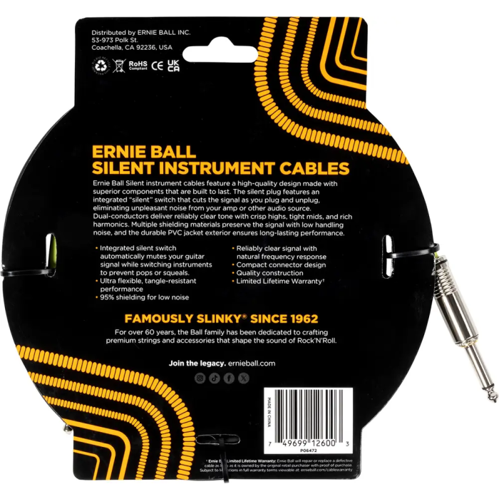 Ernieball Cable de Instrumento Silent Jack-Jack SS 3 M Negro 1