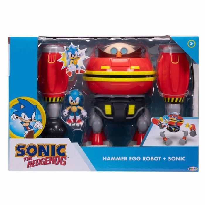 JAKKS PACIFIC Playset Sonic the Hedgehog Robot Martillo Dr. Eggman Deluxe con figura de Sonic clásico, brazos articulados y cañón