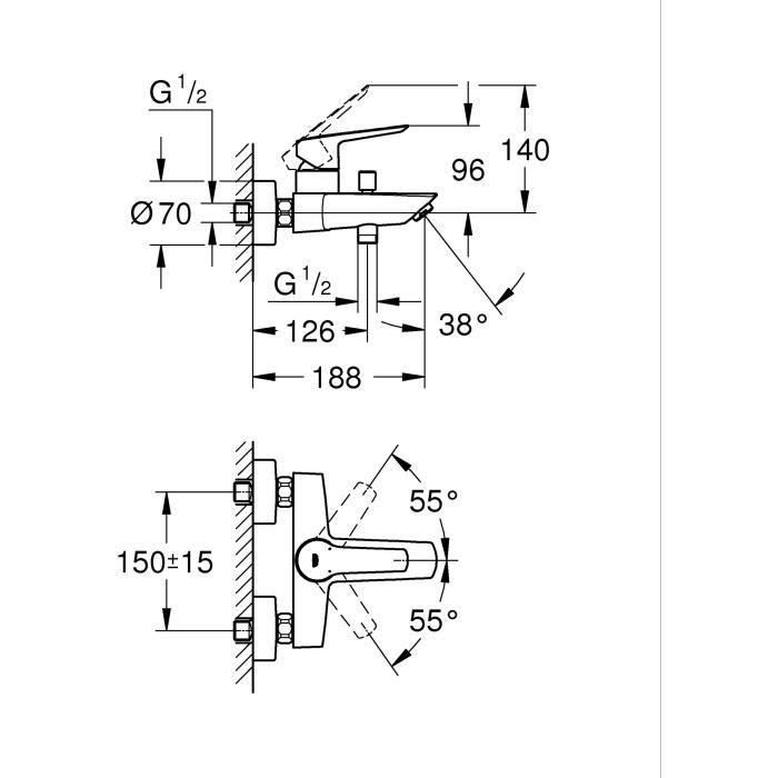 Mezclador monomando de baño/ducha - GROHE Start - 322782432 - Negro mate - Montaje en pared visto - Desviador automático 2 Mezclador monomando de baño/ducha - GROHE Start - 322782432 - Negro mate - Montaje en pared visto - Desviador automático 2
