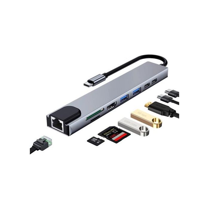 Ewent EW1146 Base Docking USB-C Multipuerto 8 en 1 con HDMI 4K, Power Delivery 87W, LAN Gigabit, USB, Lector SD/MicroSD Gris Aluminio 1
