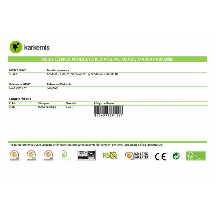 Tóner Original Karkemis MX-23GTCA Cian 4 Tóner Original Karkemis MX-23GTCA Cian 4