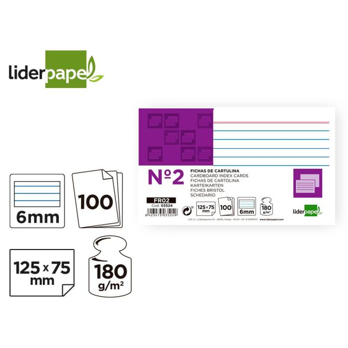 Ficha Liderpapel Rayada Nº2 75x125 mm 180 gr-M2 Paquete De 100 Unidades 2