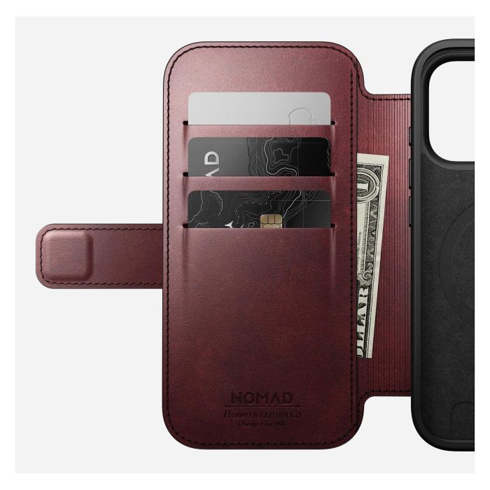 Nomad Modern Leather Folio para iPhone 17 Pro - Funda de Cuero Horween Borgoña con MagSafe y Bolsillo para 3 Tarjetas 6