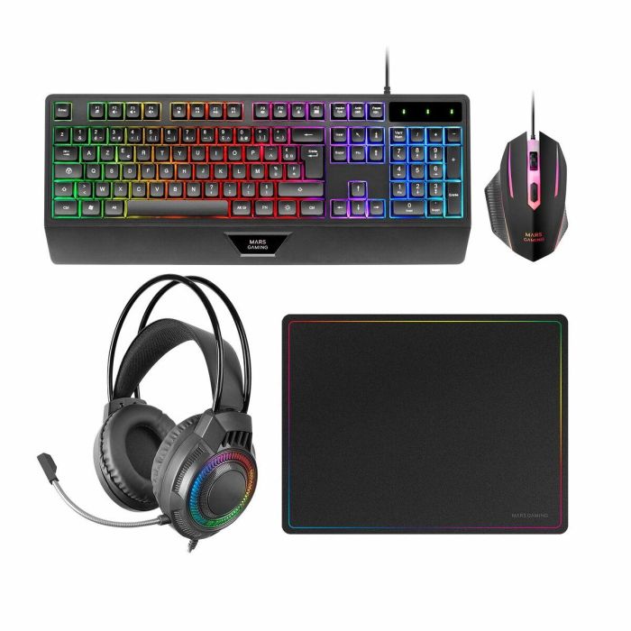 Mars Gaming Kit Gaming 4en1 MCP124PRO - Teclado RGB, Ratón 3200 DPI, Auriculares FRGB, Alfombrilla Nanotextil 6