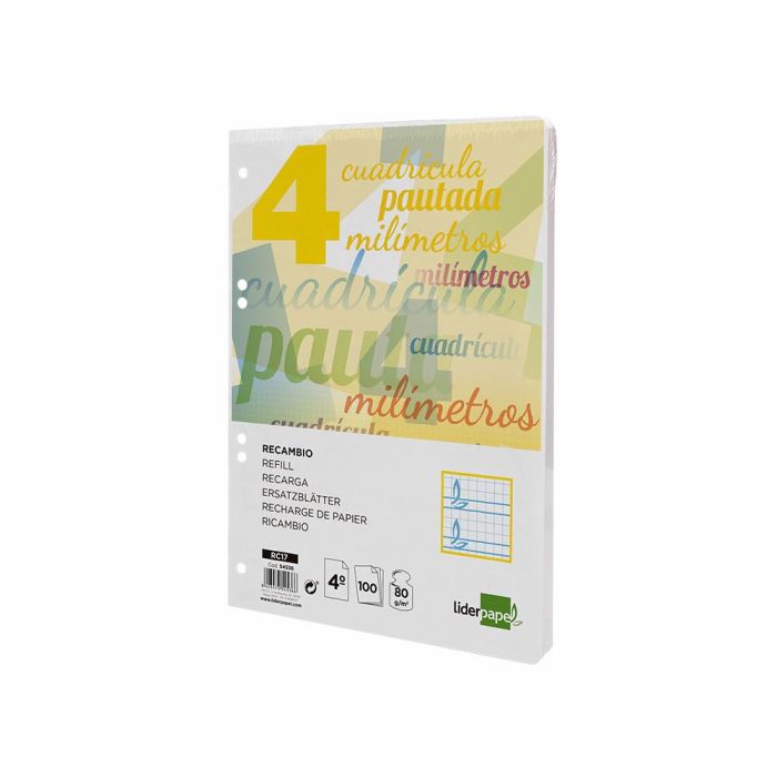 Recambio Liderpapel Cuarto Pautaguia 100 Hojas 75 gr Cuadriculado Pautado 4 mm Con Margen 6 Taladros 2