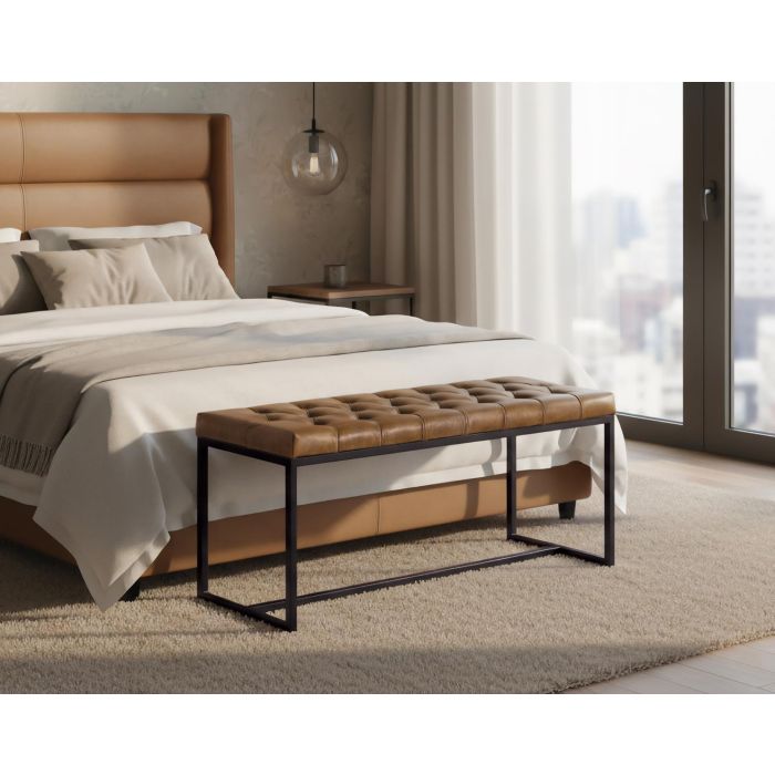 Giner y Colomer Banqueta Tapizada en Piel Marrón con Acolchado Capitonné y Patas de Hierro Negro 3
