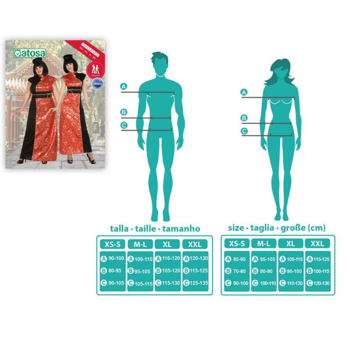 Disfraz China Mujer Adulto, Vestido Largo Rojo Talla M-L. Ideal para Carnaval, Fiestas Temáticas Países del Mundo. Composición: Poliéster.