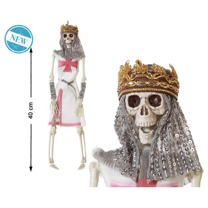 Figura Esqueleto Rey Medieval con Corona y Capa 40 cm Decoración Gótica Halloween Túnica Blanca Armadura
