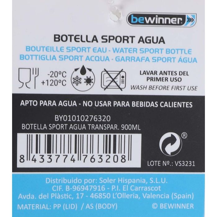Bewinner Botella Sport Agua Transparente 900Ml 27.1 cm Alto 8.1 cm Ancho 11.5 cm Largo 4