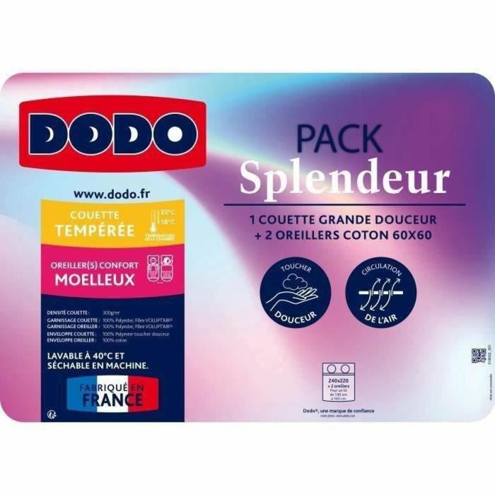 Pack edredón 220 x 240 cm + 2 almohadas 60 x 60 cm - Splendor - Relleno 100% Poliéster FCS 300 g/m² - Blanco - DODO 1 Pack edredón 220 x 240 cm + 2 almohadas 60 x 60 cm - Splendor - Relleno 100% Poliéster FCS 300 g/m² - Blanco - DODO 1