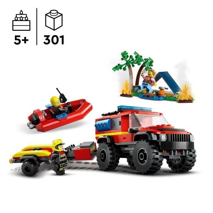 LEGO 60412 City Camión de Bomberos 4x4 y Bote Salvavidas, Juguete con Barco, Remolque y Minifiguras 1