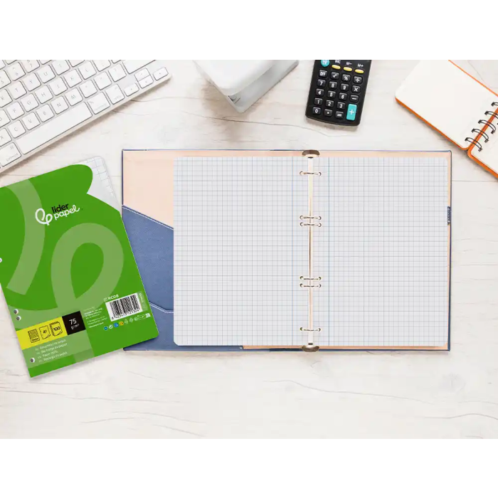 Liderpapel Recambio A5 100 Hojas 75gr Cuadro 8mm con Margen y 6 Taladros 7