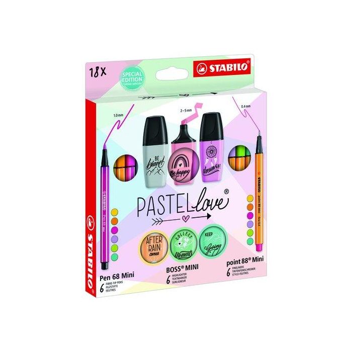 Stabilo Set Pastellove Collection Mini: 6 Rotuladores Pen 68, 6 Punta Fina Point 88 y 6 Marcadores Boss Surtidos 18 Unidades