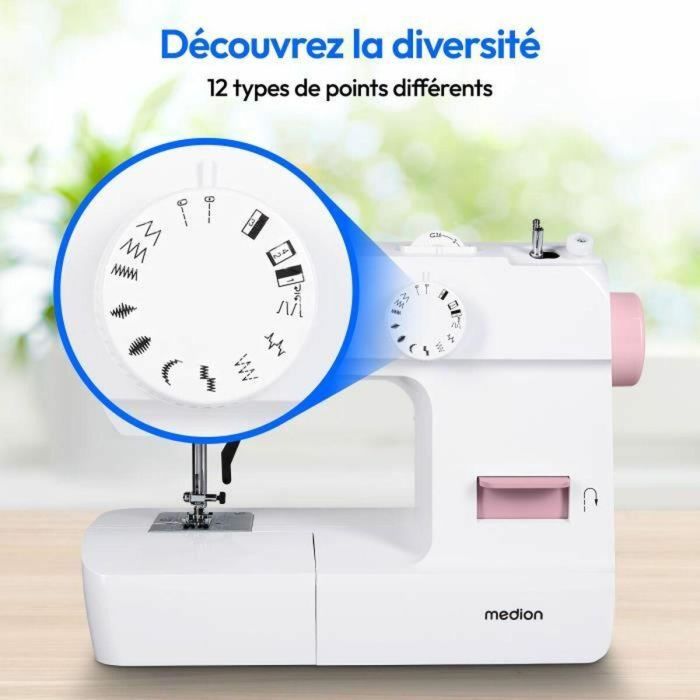 Medion MED4061275230468 Máquina de Coser 71W con 12 Puntadas, 700 rpm, Luz LED, Rosa 3