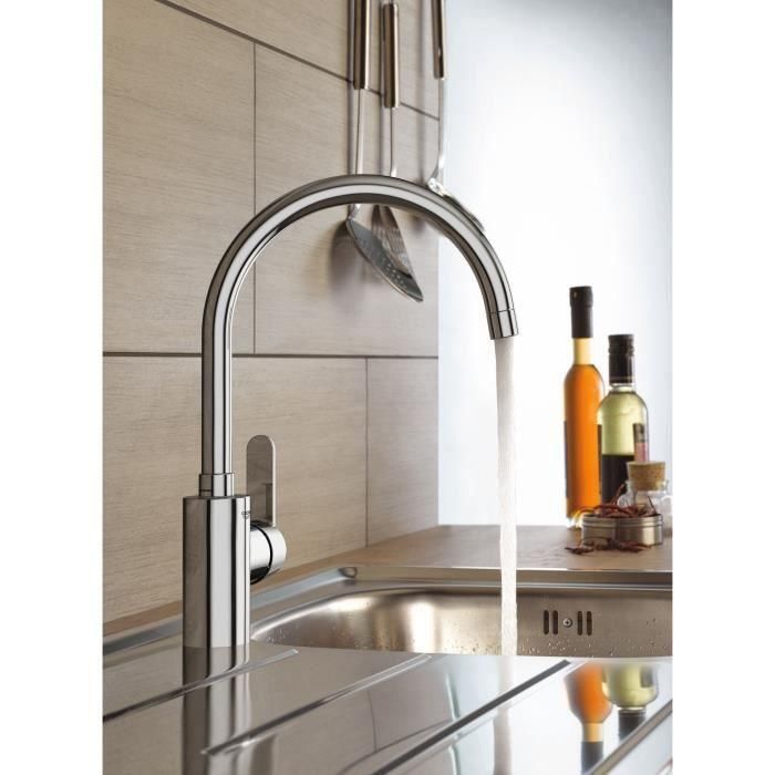 Grohe 31494001 Grifo de Cocina Monomando Cromado con Caño en Forma de C Alto, Funcionalidad de Rotación 150° para Fregadero, Serie Get 1