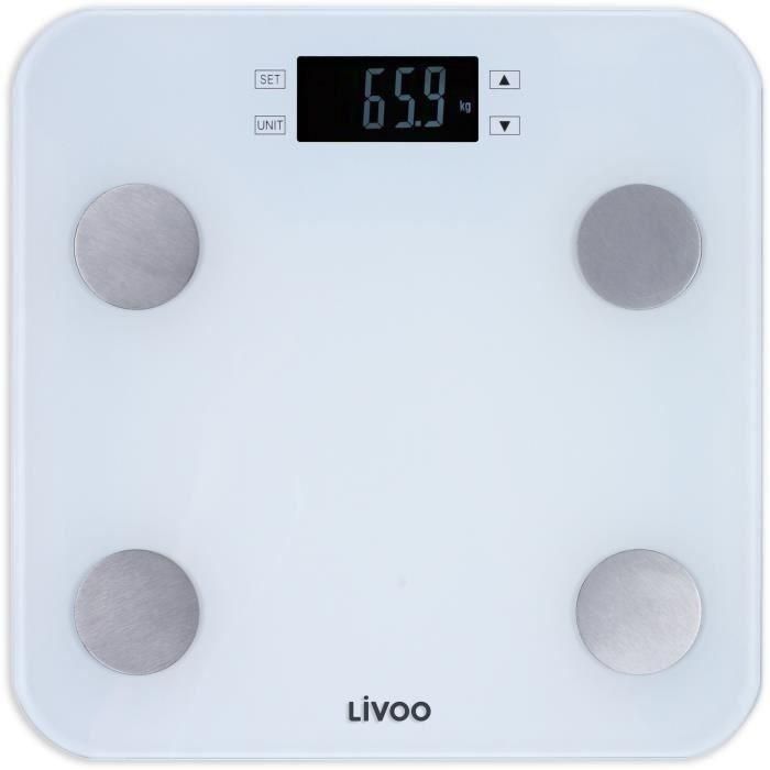 Livoo DOM427W Báscula de Baño Digital - Mide Peso, IMC, Grasa, Músculo - 13 Usuarios - 180 kg - Pantalla LCD Vidrio Templado - Blanco