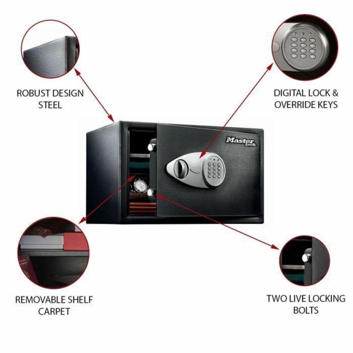 Master Lock Caja Fuerte Electrónica Programable con 2 Pasadores Acero, Llave Emergencia y Kit Anclaje - Negro y Gris Metalizado 2 Master Lock Caja Fuerte Electrónica Programable con 2 Pasadores Acero, Llave Emergencia y Kit Anclaje - Negro y Gris Metalizado 2