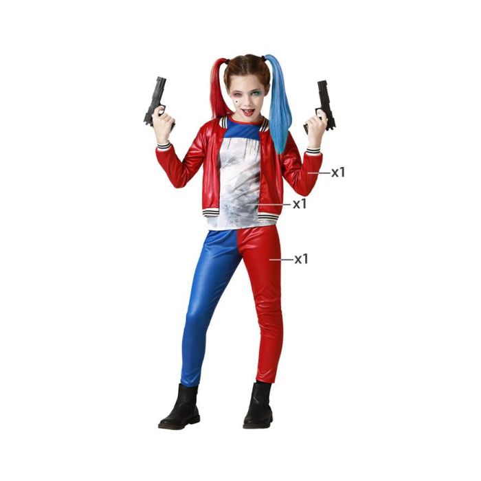 Disfraz Arlequina Infantil Superhéroe para Niña con Chaqueta, Camiseta y Pantalón Rojo y Azul, Talla 5-6 Años