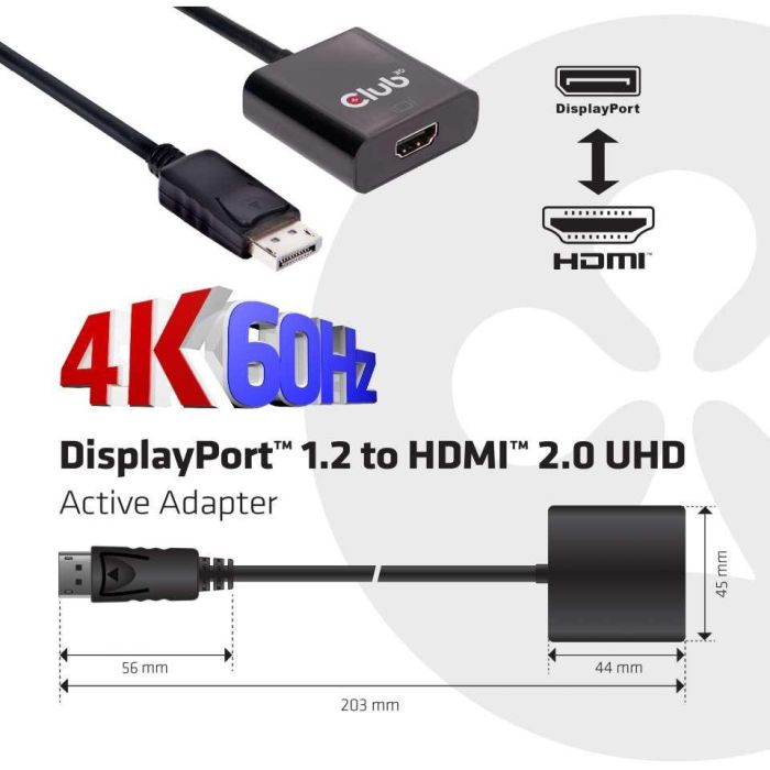 Club3D Adaptador Activo DisplayPort 1.2 a HDMI 2.0 4K60Hz UHD Negro - Conversor de Vídeo Activo 2