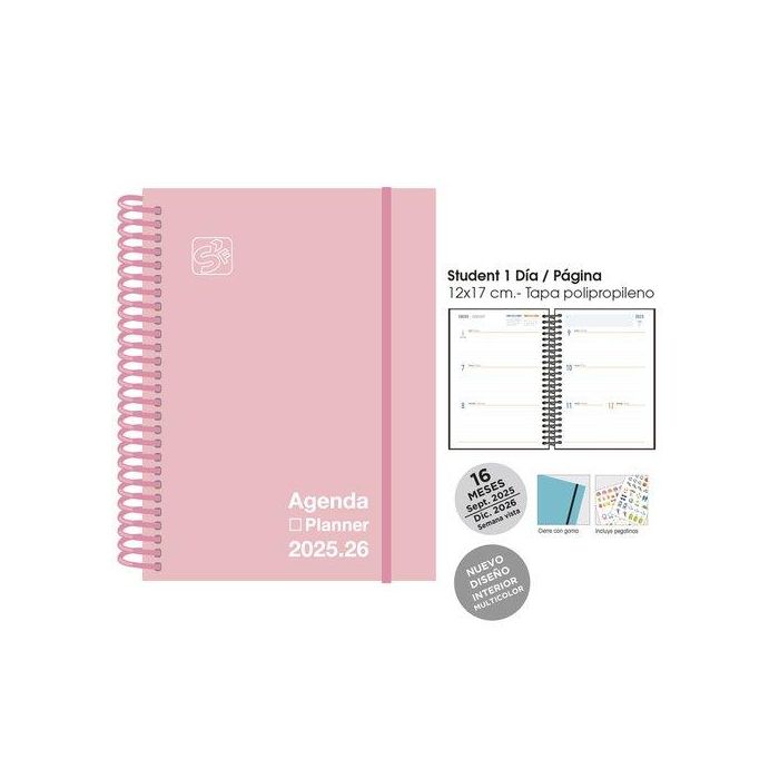 Agenda Anual (2025-26) Senfort 16 Meses Iki Unicolor Espiral Tapa Pp Con Goma 155X215 S/V Pastel Rosa