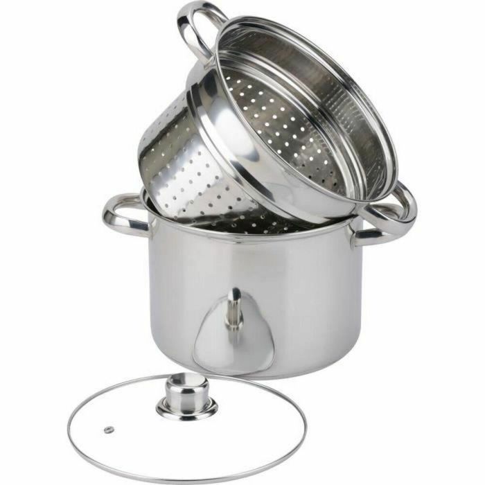 Baumalu Olla para Pasta de Acero Inoxidable 20 cm - 5 Litros, Triple Fondo Inducción, Asas Metal y Tapa de Vidrio