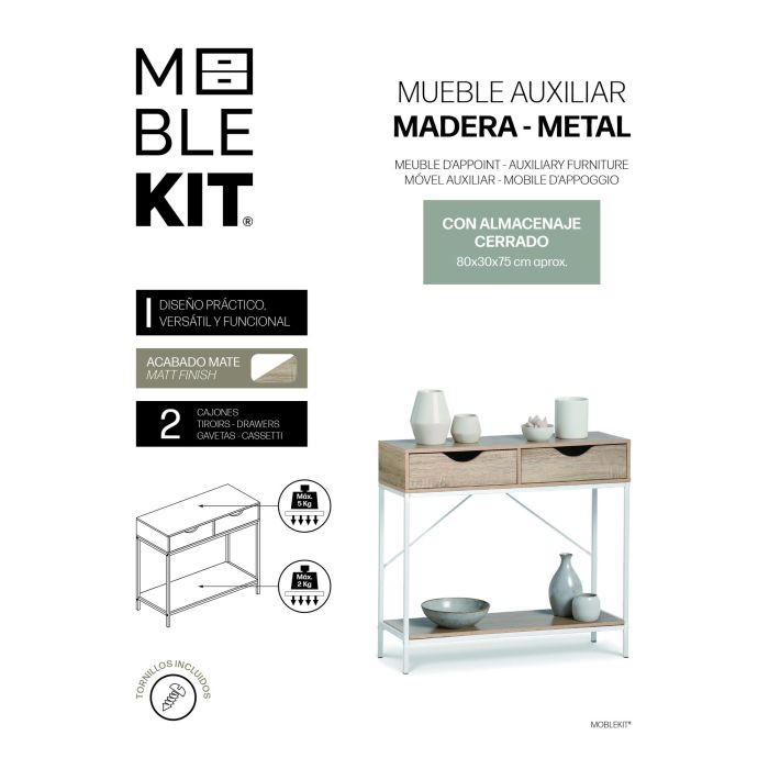 Inde Mueble Con 2 Cajones Madera-Metal Moblekit 80x30x75 cm 1