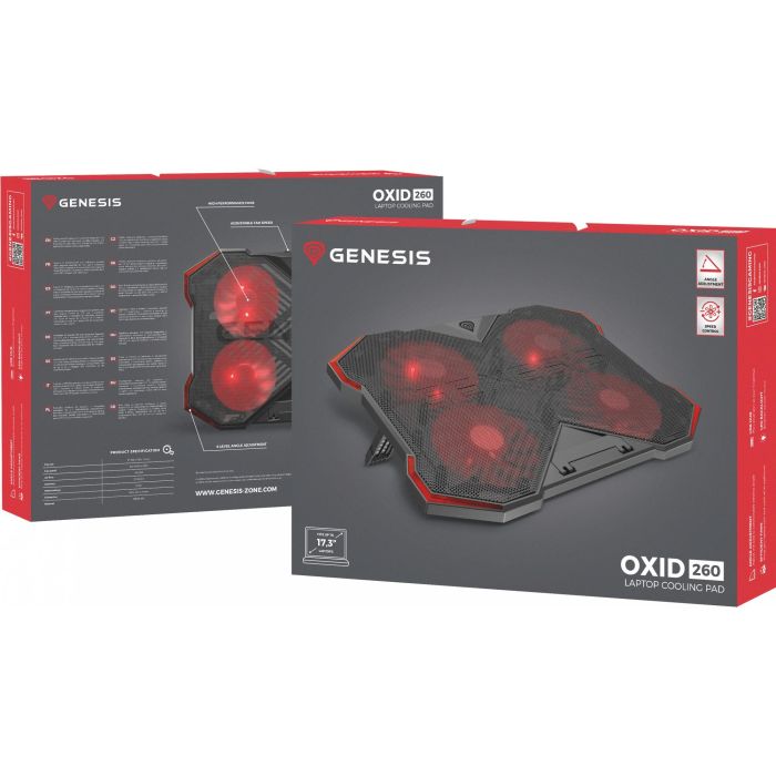 GENESIS Oxid 260 Base Refrigeradora para portátiles hasta 17.3" con 4 ventiladores, 8 Ángulos Ajustables, Gaming Negro/Rojo 4 GENESIS Oxid 260 Base Refrigeradora para portátiles hasta 17.3" con 4 ventiladores, 8 Ángulos Ajustables, Gaming Negro/Rojo 4