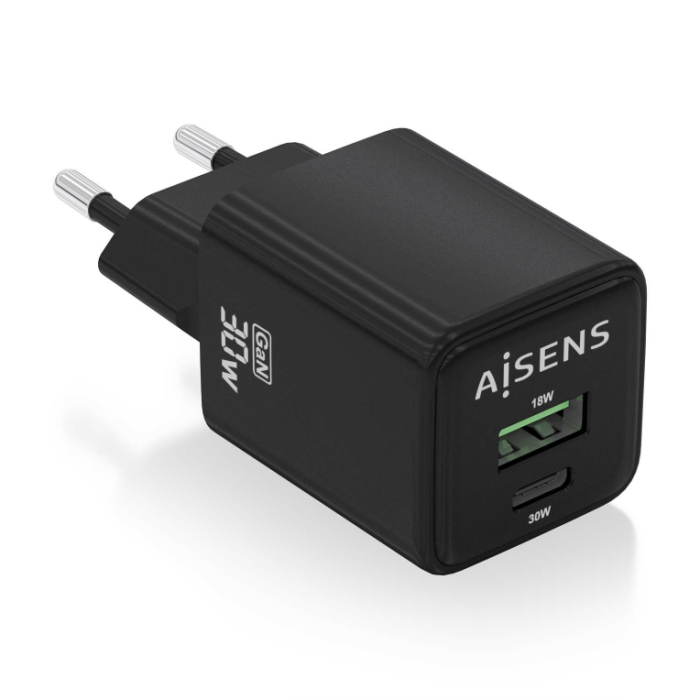 Cargador de Pared GaN Aisens ASCH-30W2P038-BK/ 1xUSB Tipo-C/ 1xUSB/ 30W Cargador de Pared GaN Aisens ASCH-30W2P038-BK/ 1xUSB Tipo-C/ 1xUSB/ 30W