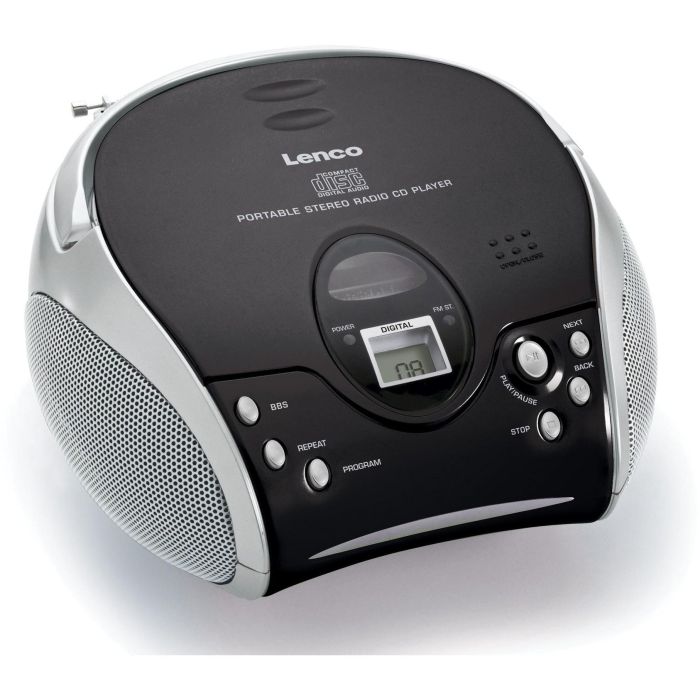 Lenco SCD-24 Radio CD Digital FM, Reproductor CD, LCD, Auriculares 3.5mm, AC/Batería, Negro/Plata
