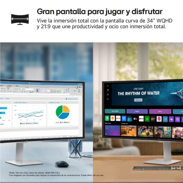 LG 34U601SA-W.AEU Monitor Curvo 34" UltraWide Smart TV, Pantalla WQHD (3440 x 1440), 100Hz, VA, webOS 24, HDR10, Altavoces, para Productividad y Streaming