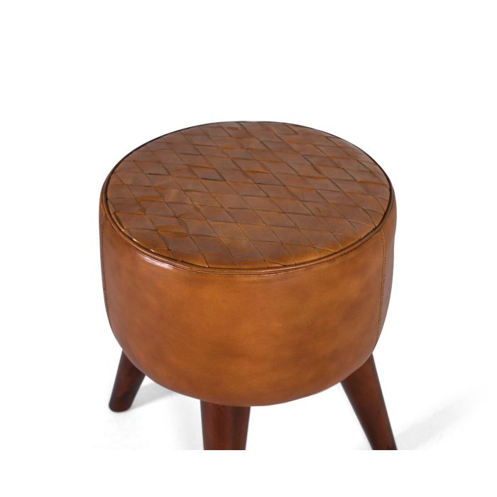 GINER Y COLOMER Taburete Redondo Tapizado en Piel Bovina Camel con Pata de Madera Torneada 1 GINER Y COLOMER Taburete Redondo Tapizado en Piel Bovina Camel con Pata de Madera Torneada 1