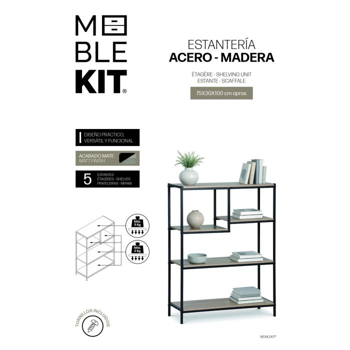Inde Estantería Multiusos Madera-Metal Moblekit 75x30x100 cm 3 Inde Estantería Multiusos Madera-Metal Moblekit 75x30x100 cm 3