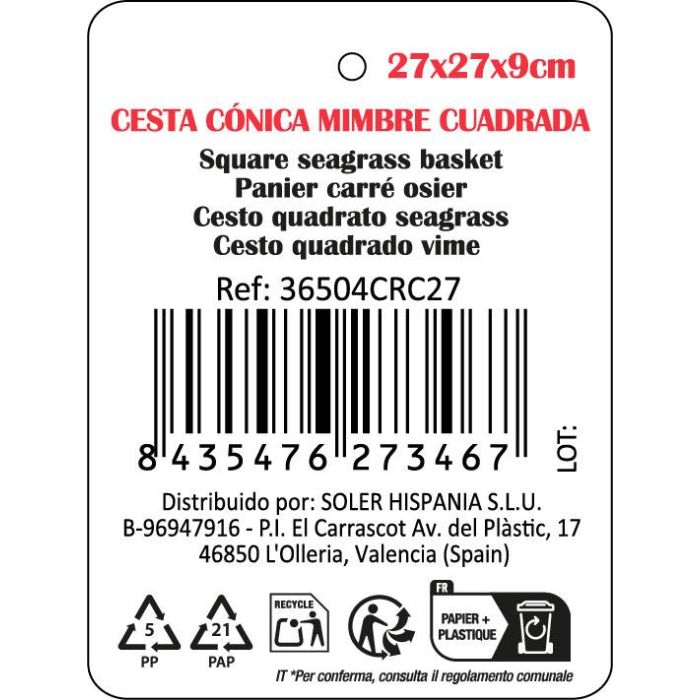 Cesta Cónica de Mimbre Cuadrada Privilege 27x27x9 cm (8 Unidades) 1 Cesta Cónica de Mimbre Cuadrada Privilege 27x27x9 cm (8 Unidades) 1