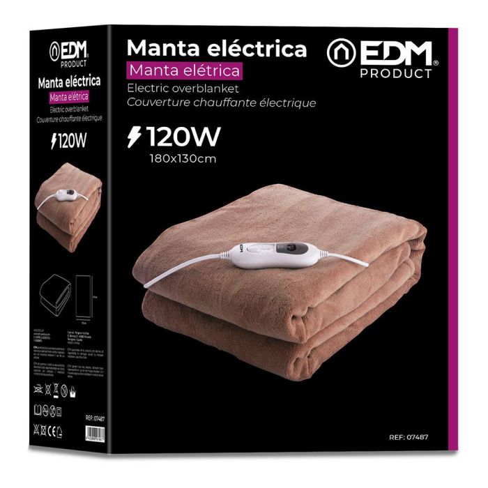 Edm Manta eléctrica 120w 180x130cm 100% poliéster - Tamaño matrimonio, funda lavable a mano, regulador de temperatura 1