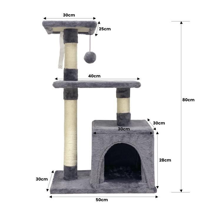 Árbol para Gatos AMAPOLA ALC07 - Nicho, rascador y pelota de juego - Gris - 50x30x80cm 2